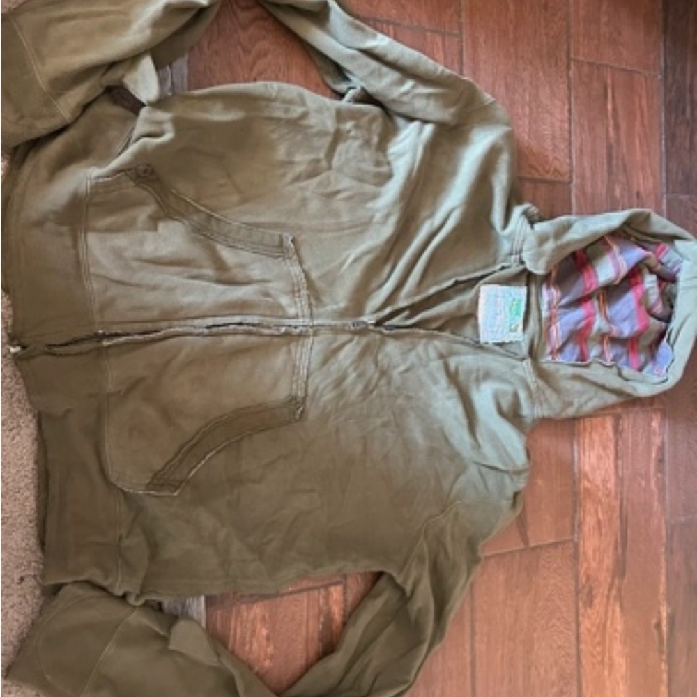 Olive Green Zip-Up Hoodie with Striped Hood Lining
